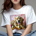 Tシャツ レディース 犬ファン 半袖 春夏 犬柄 プリント カジュアル かわいい 人間用 フィットネス ダンス 金の卵 ゴールデンレトリバー ピンクの布 犬 背景に花(4)
