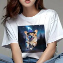 Tシャツ レディース 犬ファン 半袖 春夏 犬柄 プリント カジュアル かわいい 人間用 フィットネス ダンス 魔法使い帽子 コーギー 夜空 星(4)