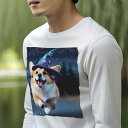 長袖Tシャツ 人間用 メンズ 秋春夏 プリント レジャー アウトドア カジュアル かわいい 犬ファン 魔法の帽子 コーギー 星 夜空 森 キラキラ(4)