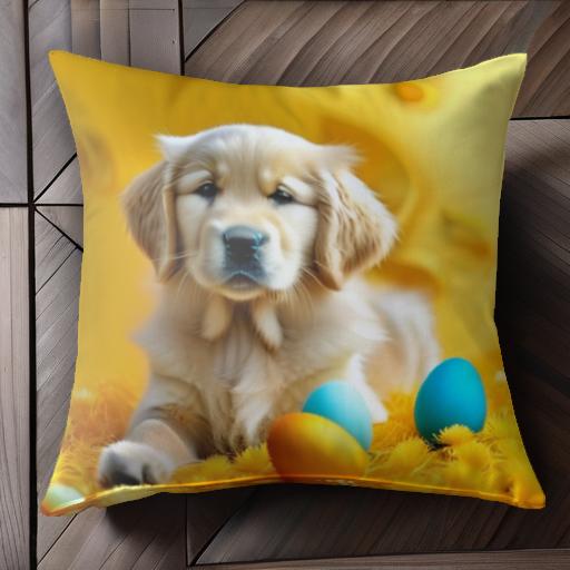 卵 ゴールデンレトリバー 花 背景 クッションカバー 45×45cm アニマル柄 おしゃれ 可愛い クッション本体付き 正方形 犬ファン