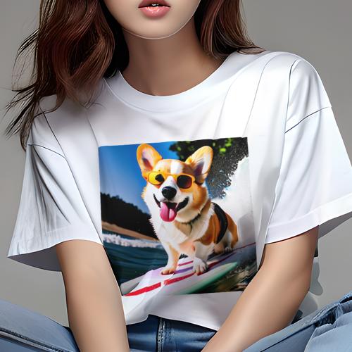 Tシャツ レディース 犬ファン 半袖 春夏 犬柄 プリント カジュアル かわいい 人間用 フィットネス ダンス サーフボード コーギー サングラス 海 波 ビーチ Tシャツ レディース 犬ファン 半袖 春夏 犬柄 プリント カジュアル かわいい 人間用 フィットネス ダンス サーフボード コーギー サングラス 海 波 ビーチ