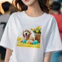 Tシャツ レディース 犬ファン 半袖 春夏 犬柄 プリント カジュアル かわいい 人間用 フィットネス ダンス 黄色いチューリップ ゴールデンレトリバー バスケット カラフルな卵