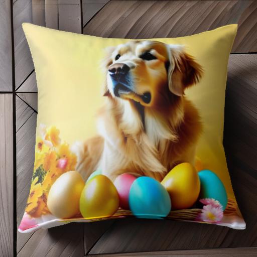 花 ゴールデンレトリバー 卵 黄色い背景 クッションカバー 45×45cm アニマル柄 おしゃれ 可愛い クッシ..