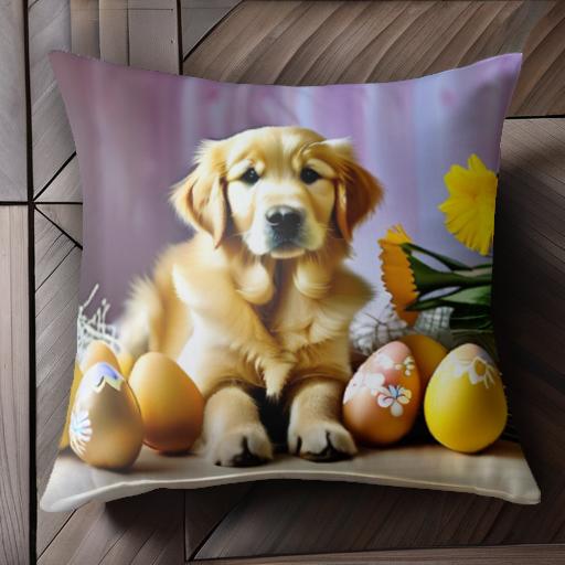 イースターエッグ ゴールデンレトリバー 花 紫の背景 クッションカバー 45×45cm アニマル柄 おしゃれ 可愛い クッション本体付き 正方..