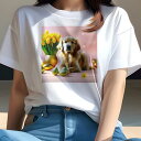 Tシャツ レディース 犬ファン 半袖 春夏 犬柄 プリント カジュアル かわいい 人間用 フィットネス ダンス 黄色いチューリップ ゴールデンレトリバー 金色の卵 花
