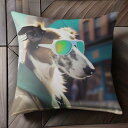 サングラス ボーダーコリー 街 建物 コート クッションカバー 45×45cm アニマル柄 おしゃれ 可愛い クッション本体付き 正方形 犬ファン