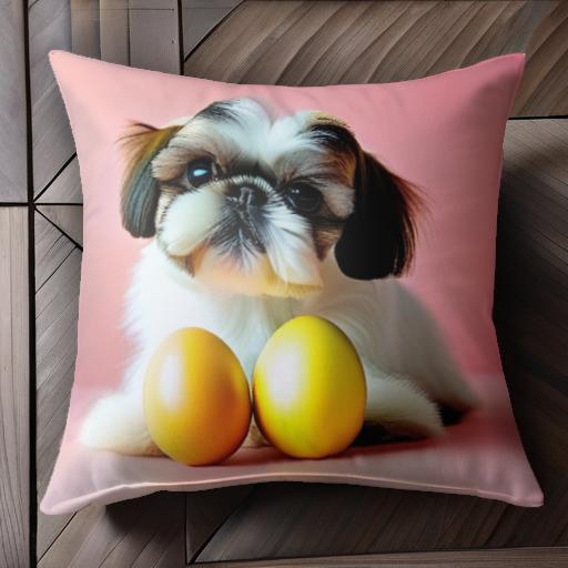 卵 シーズー ピンクの背景 クッションカバー 45×45cm アニマル柄 おしゃれ 可愛い クッション本体付き 正方形 犬ファン