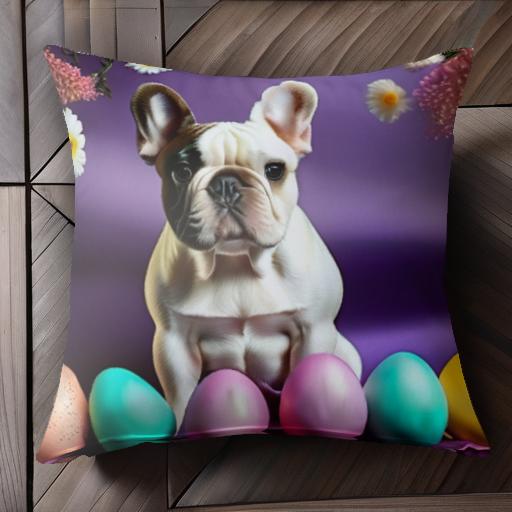 卵 フレンチブルドッグ 花 デイジー 紫色の背景 クッションカバー 45×45cm アニマル柄 おしゃれ 可愛い..