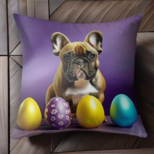 イースターエッグ フレンチブルドッグ 紫の背景 クッションカバー 45×45cm アニマル柄 おしゃれ 可愛い クッション本体付き 正方形 犬ファン