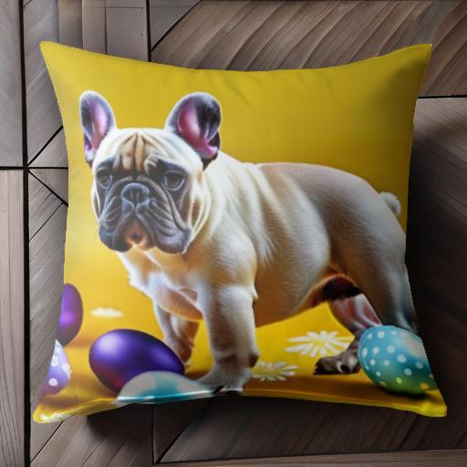 卵 フレンチブルドッグ 花 黄色 紫色 青色 クッションカバー 45×45cm アニマル柄 おしゃれ 可愛い クッ..