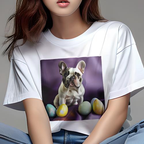 Tシャツ レディース 犬ファン 半袖 春夏 犬柄 プリント カジュアル かわいい 人間用 フィットネス ダンス カラフルなイースターエッグ フレンチブルドッグ 紫色の布 Tシャツ レディース 犬ファン 半袖 春夏 犬柄 プリント カジュアル かわいい 人間用 フィットネス ダンス カラフルなイースターエッグ フレンチブルドッグ 紫色の布
