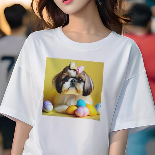 Tシャツ レディース 犬ファン 半袖 春夏 犬柄 プリント カジュアル かわいい 人間用 フィットネス ダンス イースターエッグ シーズー 黄色背景 リボン Tシャツ レディース 犬ファン 半袖 春夏 犬柄 プリント カジュアル かわいい 人間用 フィットネス ダンス イースターエッグ シーズー 黄色背景 リボン