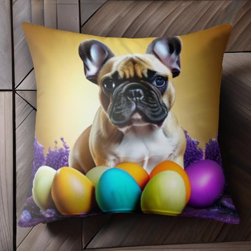 イースターエッグ フレンチブルドッグ カラフルな卵 紫のデコレーション クッションカバー 45×45cm ア..