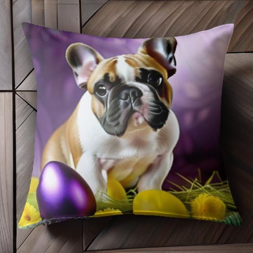 紫の卵 フレンチブルドッグ 黄色い卵 黄色い花 草 クッションカバー 45×45cm アニマル柄 おしゃれ 可愛..