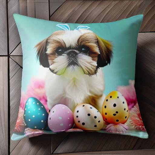 卵 シーズー 花 リボン クッションカバー 45×45cm アニマル柄 おしゃれ 可愛い クッション本体付き 正方形 犬ファン