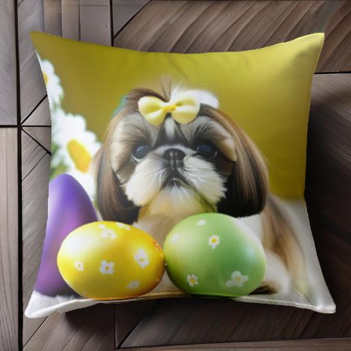 イースターエッグ シーズー デイジーの花 黄色いリボン クッションカバー 45×45cm アニマル柄 おしゃれ 可愛い クッション本体付き 正方形 犬ファン