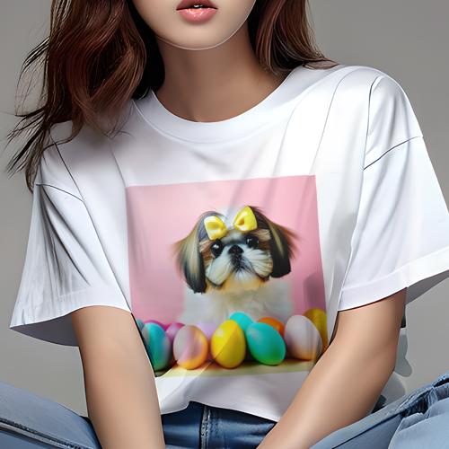 Tシャツ レディース 犬ファン 半袖 春夏 犬柄 プリント カジュアル かわいい 人間用 フィットネス ダンス カラフルな卵 シーズー ピンクの背景 黄リボン Tシャツ レディース 犬ファン 半袖 春夏 犬柄 プリント カジュアル かわいい 人間用 フィットネス ダンス カラフルな卵 シーズー ピンクの背景 黄リボン