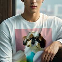 長袖Tシャツ 人間用 メンズ 秋春夏 プリント レジャー アウトドア カジュアル かわいい 犬ファン カラフルな卵 シーズー ピンクの背景 草