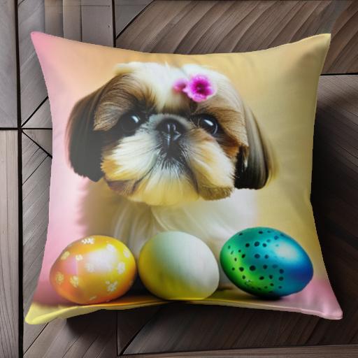 カラフルな卵 シーズー 花 クッションカバー 45×45cm アニマル柄 おしゃれ 可愛い クッション本体付き ..