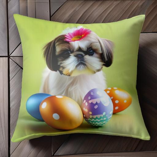 イースターエッグ シーズー 花 グリーンバッグ クッションカバー 45×45cm アニマル柄 おしゃれ 可愛い ..
