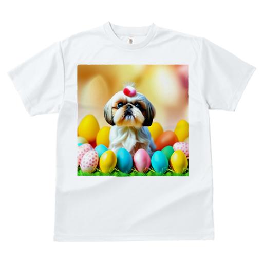 Tシャツ レディース 犬ファン 半袖 春夏 犬柄 プリント カジュアル かわいい 人間用 フィットネス ダンス イースターエッグ シーズー 草 ぼかし背景