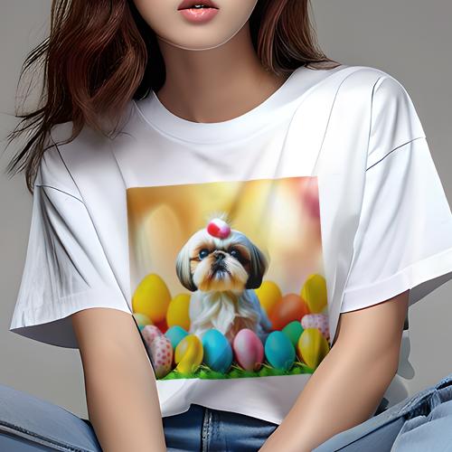 Tシャツ レディース 犬ファン 半袖 春夏 犬柄 プリント カジュアル かわいい 人間用 フィットネス ダンス イースターエッグ シーズー 草 ぼかし背景 Tシャツ レディース 犬ファン 半袖 春夏 犬柄 プリント カジュアル かわいい 人間用 フィットネス ダンス イースターエッグ シーズー 草 ぼかし背景