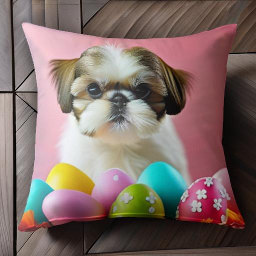 イースターエッグ シーズー ピンクの背景 カラフルな卵 クッションカバー 45×45cm アニマル柄 おしゃれ 可愛い クッション本体付き 正方形 犬ファン