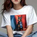 Tシャツ レディース 犬ファン 半袖 春夏 犬柄 プリント カジュアル かわいい 人間用 フィットネス ダンス ネクタイ ドーベルマン 赤い椅子 青い壁(4)