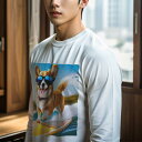 長袖Tシャツ 人間用 メンズ 秋春夏 プリント レジャー アウトドア カジュアル かわいい 犬ファン サングラス コーギー サーフィン 波 海 夏