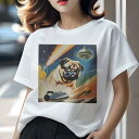 Tシャツ レディース 犬ファン 半袖 春夏 犬柄 プリント カジュアル かわいい 人間用 フィットネス ダンス 宇宙 パグ UFO ロケット 流れ星(4)