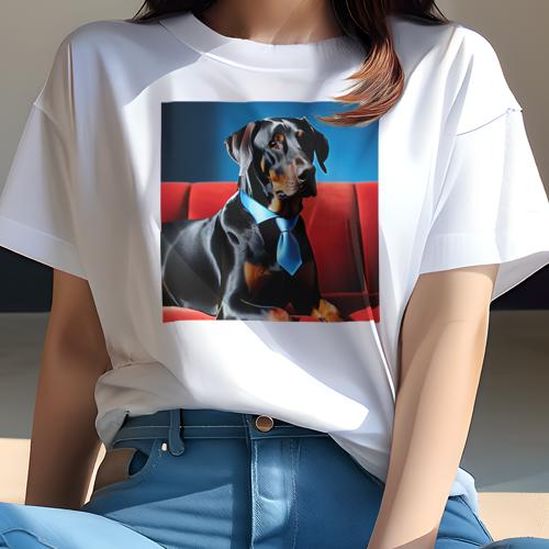 Tシャツ レディース 犬ファン 半袖 春夏 犬柄 プリント カジュアル かわいい 人間用 フィットネス ダンス 赤いソファ ドーベルマン 青いネクタイ Tシャツ レディース 犬ファン 半袖 春夏 犬柄 プリント カジュアル かわいい 人間用 フィットネス ダンス 赤いソファ ドーベルマン 青いネクタイ