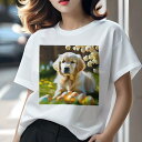 Tシャツ レディース 犬ファン 半袖 春夏 犬柄 プリント カジュアル かわいい 人間用 フィットネス ダンス 卵 ゴールデンレトリバー 花 芝生(4)