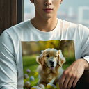 長袖Tシャツ 人間用 メンズ 秋春夏 プリント レジャー アウトドア カジュアル かわいい 犬ファン 卵 ゴールデンレトリバー 芝生 春 黄色い花 花見