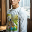 長袖Tシャツ 人間用 メンズ 秋春夏 プリント レジャー アウトドア カジュアル かわいい 犬ファン イースターエッグ ゴールデンレトリバー 花 太陽
