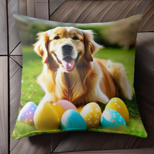 芝生 ゴールデンレトリバー イースターエッグ 色鮮やか パステルカラー クッションカバー 45×45cm アニ..