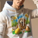 パーカー 人間用 メンズ 秋春夏 プリント レジャー ポケットレス プルオーバーパーカー カジュアル かわいい 犬ファン 花 ゴールデンレトリバー 卵 草(4)
