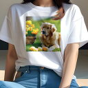 Tシャツ レディース 犬ファン 半袖 春夏 犬柄 プリント カジュアル かわいい 人間用 フィットネス ダンス 花 ゴールデンレトリバー バスケット 芝生 たまご