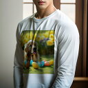 長袖Tシャツ 人間用 メンズ 秋春夏 プリント レジャー アウトドア カジュアル かわいい 犬ファン たまご ゴールデンレトリバー 花 屋外