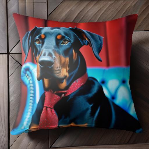 赤いカーテン ドーベルマン 青いソファ 赤いネクタイ クッションカバー 45×45cm アニマル柄 おしゃれ ..