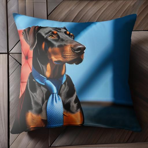 青色のネクタイ ドーベルマン 赤い椅子 クッションカバー 45×45cm アニマル柄 おしゃれ 可愛い クッション本体付き 正方形 犬ファン