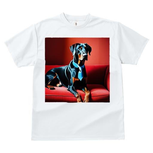 Tシャツ レディース 犬ファン 半袖 春夏 犬柄 プリント カジュアル かわいい 人間用 フィットネス ダンス 赤いソファ ドーベルマン 青いネクタイ