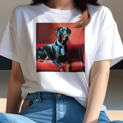 Tシャツ レディース 犬ファン 半袖 春夏 犬柄 プリント カジュアル かわいい 人間用 フィットネス ダンス 赤いソファ ドーベルマン 青いネクタイ Tシャツ レディース 犬ファン 半袖 春夏 犬柄 プリント カジュアル かわいい 人間用 フィットネス ダンス 赤いソファ ドーベルマン 青いネクタイ