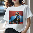 Tシャツ レディース 犬ファン 半袖 春夏 犬柄 プリント カジュアル かわいい 人間用 フィットネス ダンス 青いソファ ドーベルマン 赤い背景 青いリボン(4)
