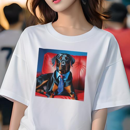 Tシャツ レディース 犬ファン 半袖 春夏 犬柄 プリント カジュアル かわいい 人間用 フィットネス ダンス 赤いソファ ドーベルマン 青いシャツ ネクタイ Tシャツ レディース 犬ファン 半袖 春夏 犬柄 プリント カジュアル かわいい 人間用 フィットネス ダンス 赤いソファ ドーベルマン 青いシャツ ネクタイ