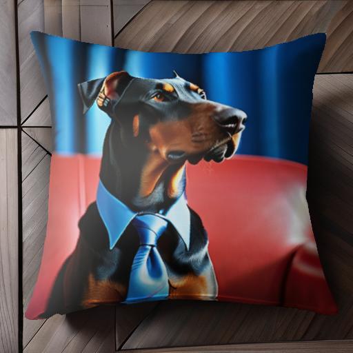 赤いソファー ドーベルマン 青いカーテン ネクタイ クッションカバー 45×45cm アニマル柄 おしゃれ 可..