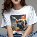 Tシャツ レディース 犬ファン 半袖 春夏 犬柄 プリント カジュアル かわいい 人間用 フィットネス ダンス 宇宙船 パグ 宇宙 惑星 宇宙ステーション(4)