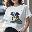 Tシャツ レディース 犬ファン 半袖 春夏 犬柄 プリント カジュアル かわいい 人間用 フィットネス ダンス サングラス コリー 青い文字(4)