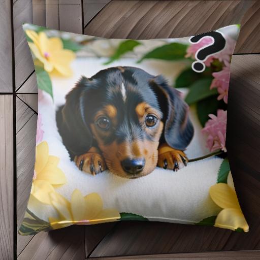 花 ダックスフンド かわいい 疑問符 ピンクの花 黄色い花 クッションカバー 45×45cm アニマル柄 おしゃれ 可愛い クッション本体付き 正方形 犬ファン