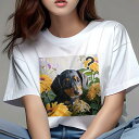 Tシャツ レディース 犬ファン 半袖 春夏 犬柄 プリント カジュアル かわいい 人間用 フィットネス ダンス ひまわり ダックスフント 花 質問マーク
