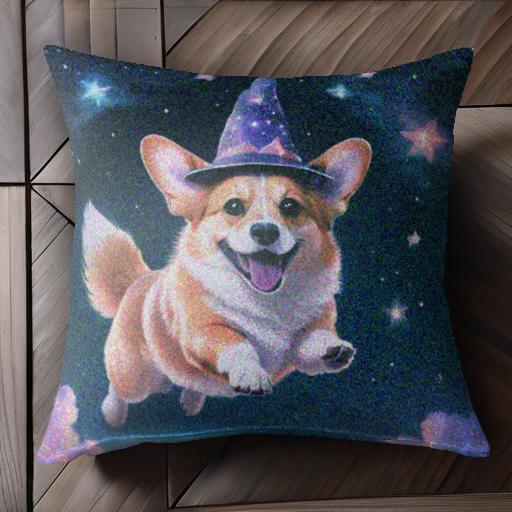 魔法使いの帽子 ウェルシュコーギー 星 空 ファンタジー クッションカバー 45×45cm アニマル柄 おしゃれ 可愛い クッション本体付き 正方形 犬ファン
